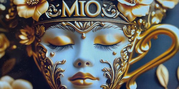 Intricate golden and blue artistic face with floral decorations.
