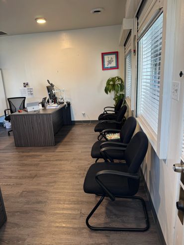 A neat office with a desk, chairs, and a plant by the window.