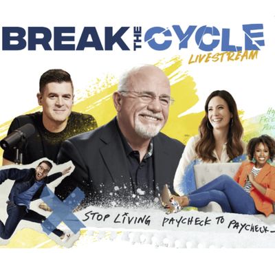 John Deloney, Dave Ramsey, Rachel Cruze, Jade Warshaw with the words "Stop Living Paycheck to Payche