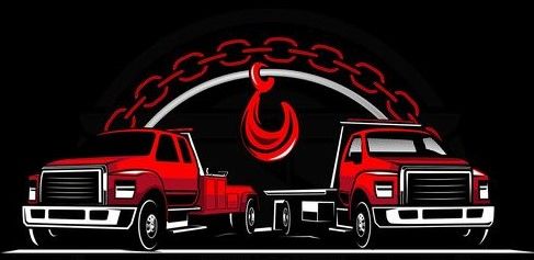 Two red tow trucks with a large hook and chain in the background.