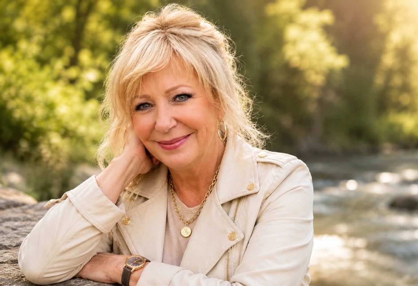 Author Pamela Jessup Runner smiling beside the American River