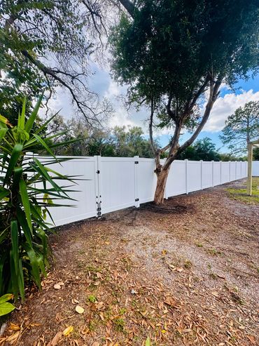 White vinyl fence enclosing a backyard with trees and plants.