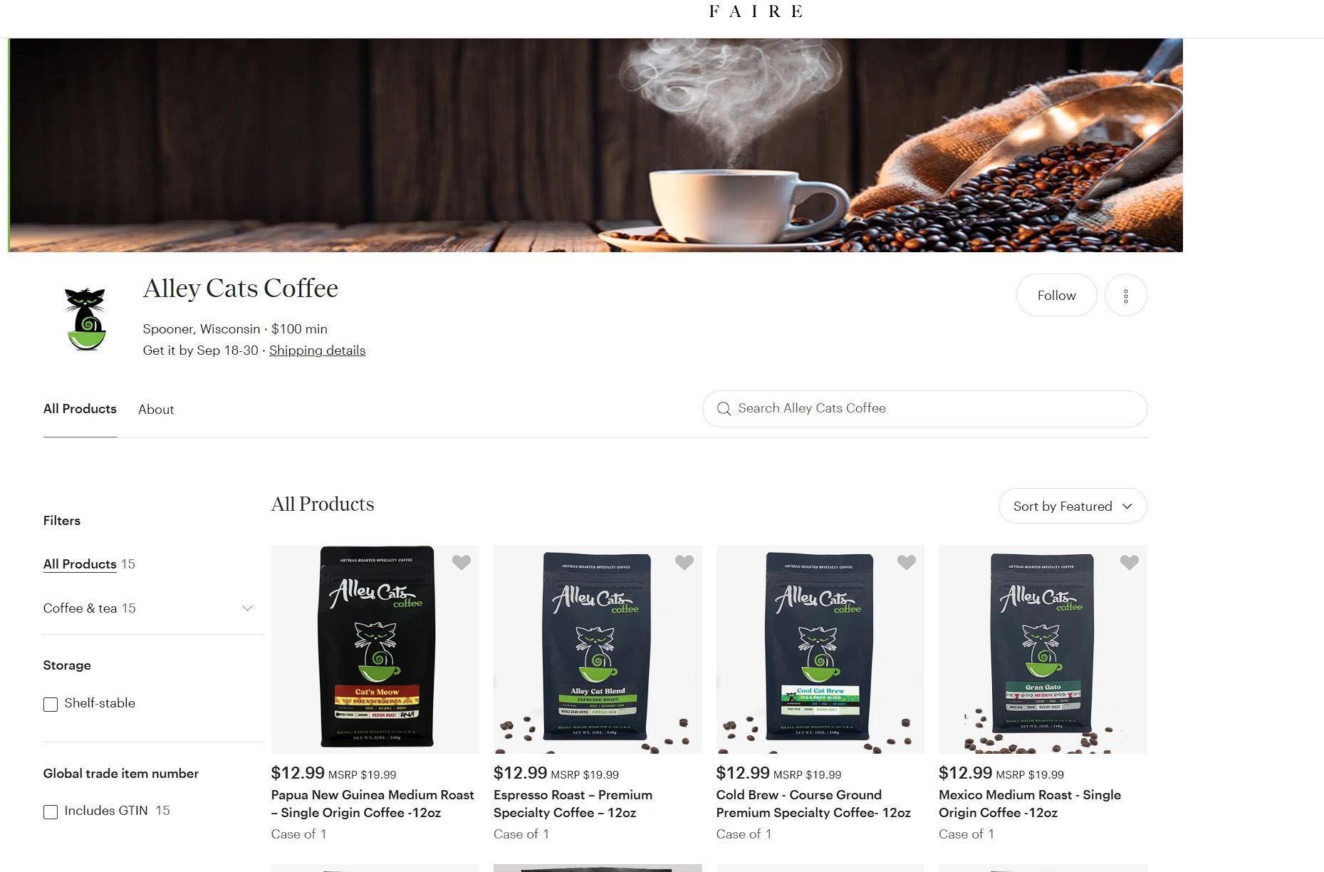 Alley Cats Coffee Faire storefront  featuring wholesale specialty coffee for retailers & foodservice