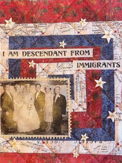 Quilt with vintage photo and text about immigrant heritage.