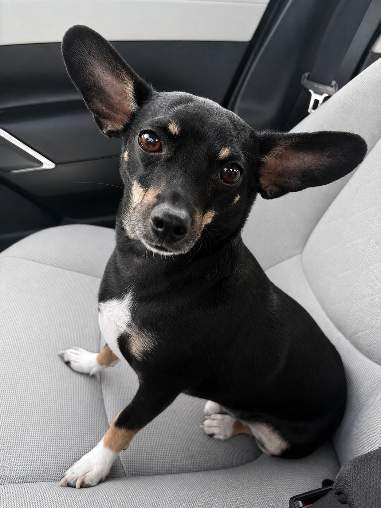 Small black dog with large ears sitting in a car seat.