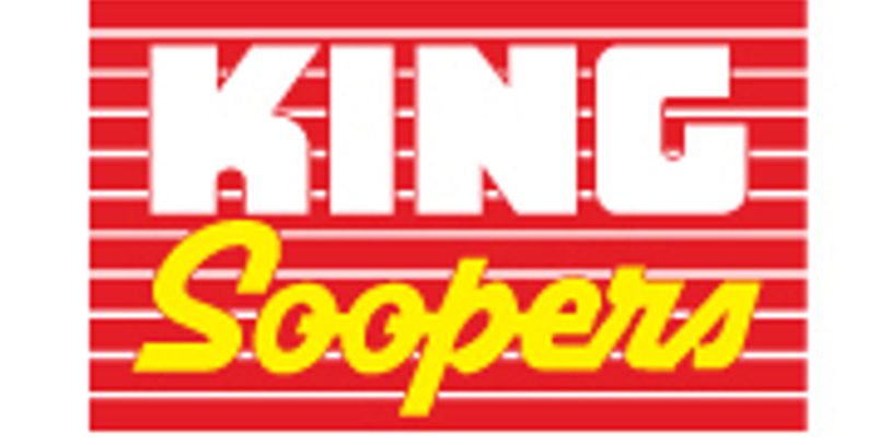 Logo of King Soopers grocery store with bold white and yellow text on red stripes.