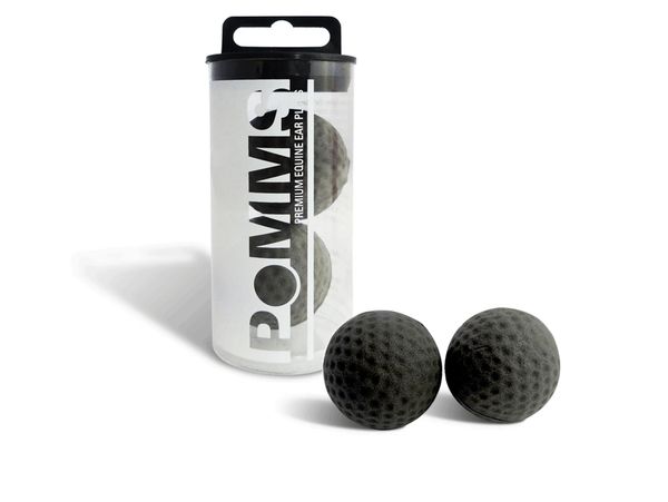 Two black Pommsc equine ear plugs with packaging.