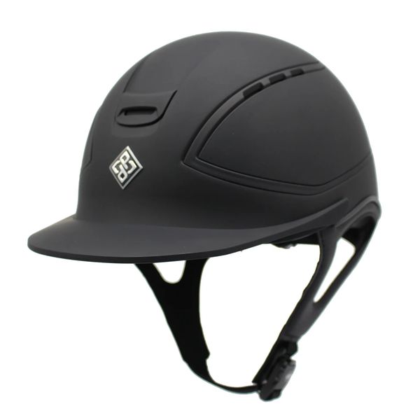 Matte black equestrian helmet with ventilation and adjustable strap.