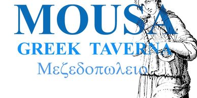 Logo of Mousa Greek Taverna with a classical Greek figure playing a lyre.