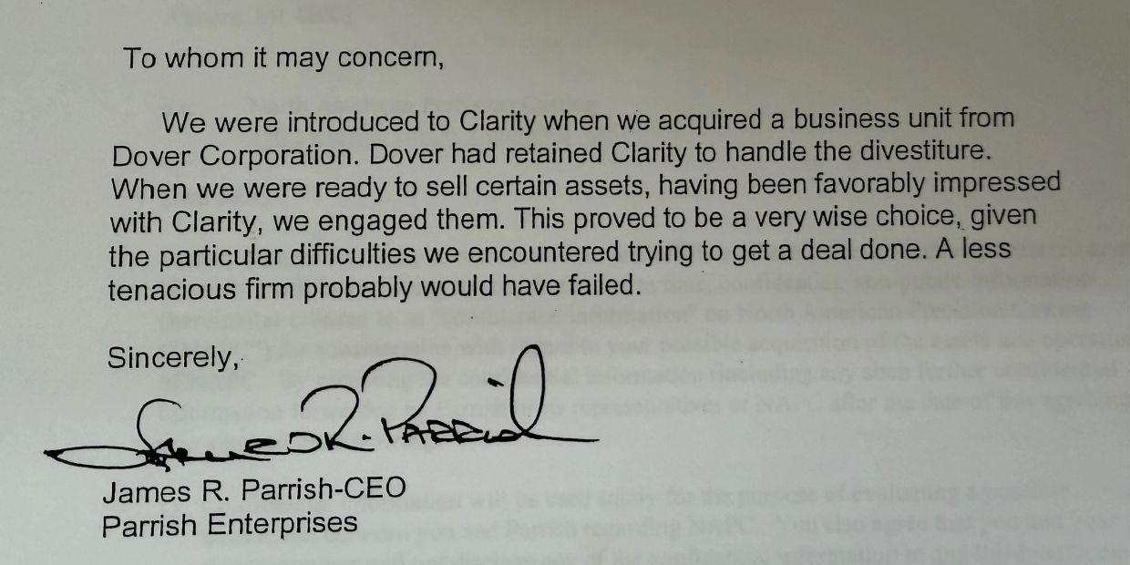 A recommendation letter praising Clarity for handling a challenging business deal.