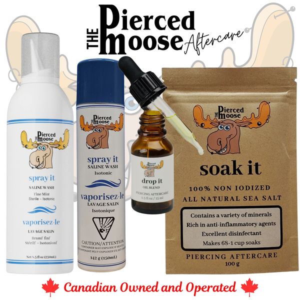 Pierced Moose Aftercare set with saline wash, oil blend, and natural sea salt soak for piercing care.
