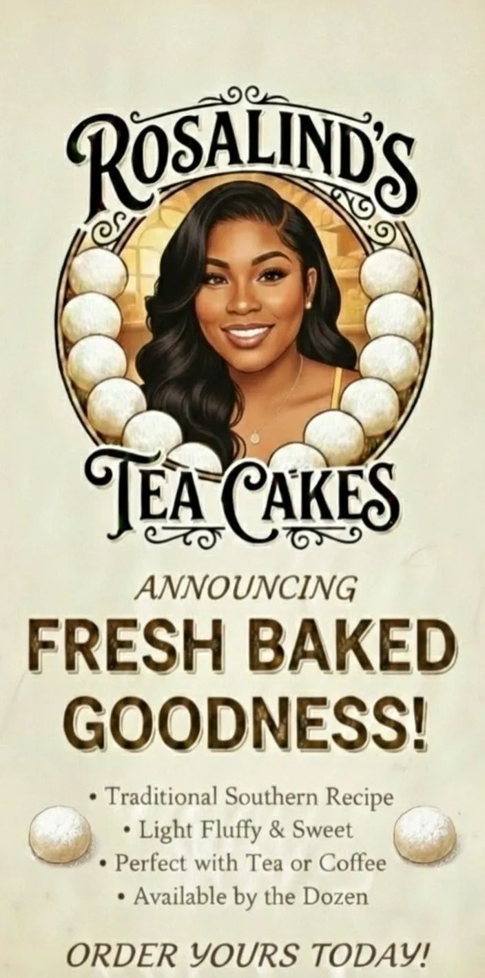 Rosalind's Tea Cakes advertisement featuring a smiling woman.
