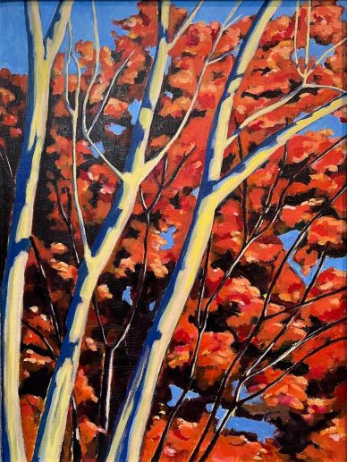 Painting of trees with red autumn leaves against a blue sky.