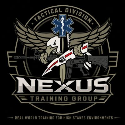 Logo for Nexus Tactical Division with eagle, knife, and gun.