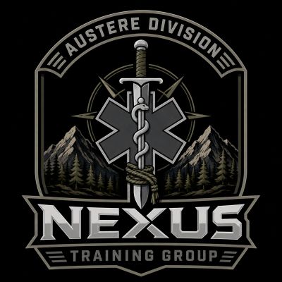 Logo for Nexus Training Group with a dagger and medical symbol.