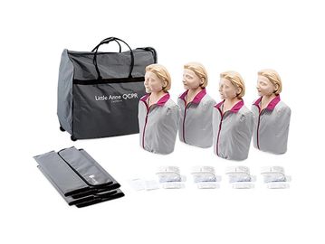 CPR training kit with mannequins and accessories.