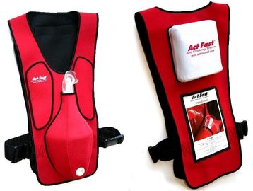 Red hydration vest with water reservoir and storage pockets.