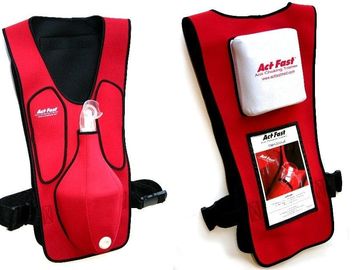 Red hydration vest with water reservoir and storage pockets.