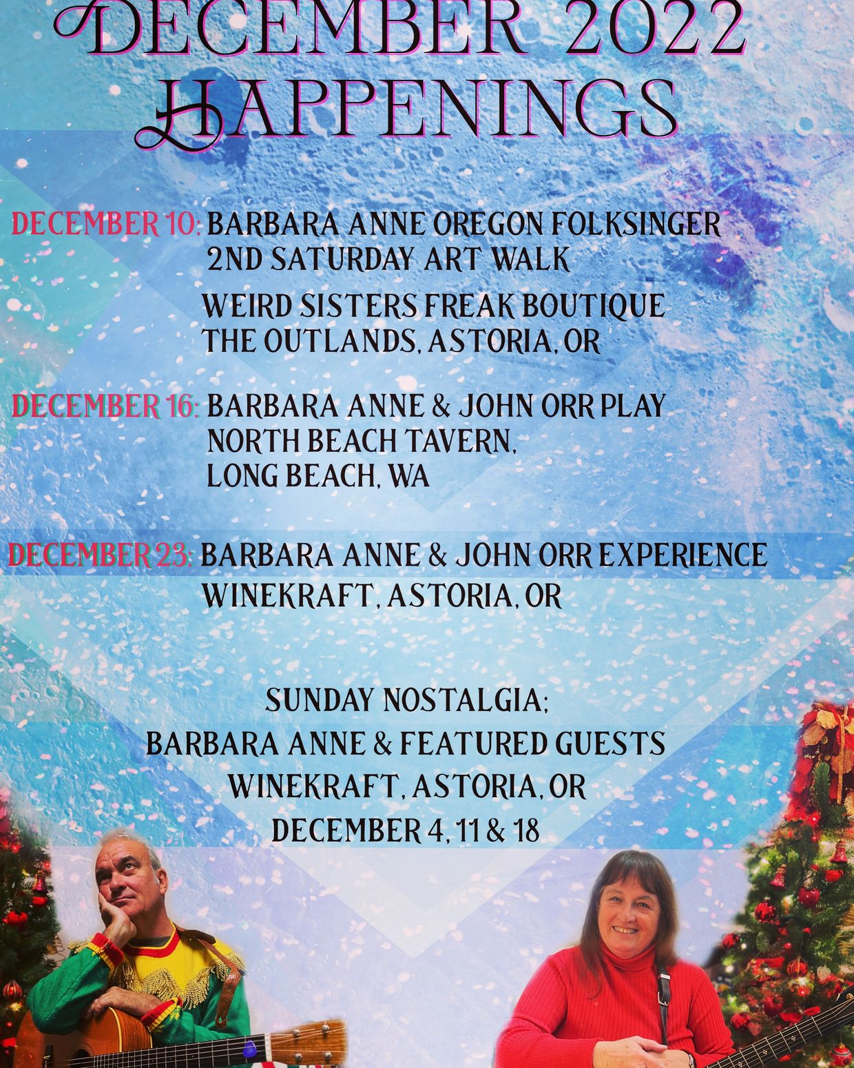 December events for Barbara Anne Oregon Folksinger.