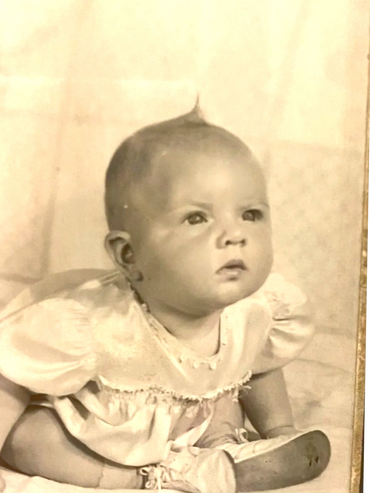 Black and white photo of Barbara Anne as a baby.