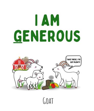 "I am Generous" with three goats that are sharing. ABCS Animals and Affirmations Book Page