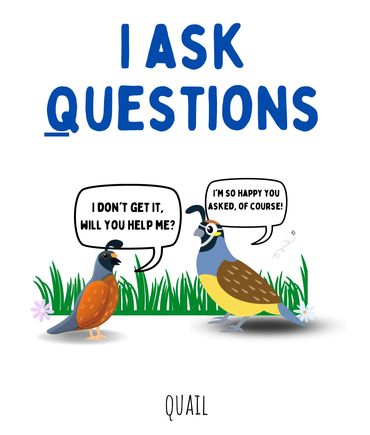 "I ask Questions", 2 Quails standing in the grass. The small quail is asking the big quail for help