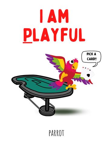 "I am Playful", a red Parrot balancing on a casino's craps table saying, "pick a card"