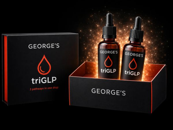 George's triGLP supplement bottles with glowing effects in a black and orange box.