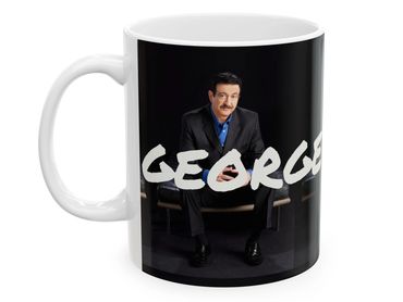 White mug with a photo of a man and the name George.