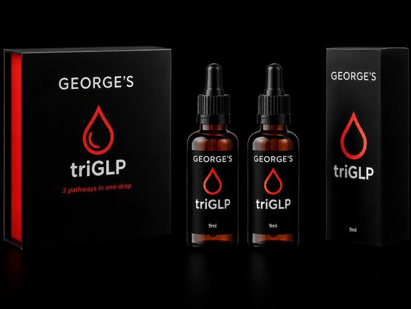 George's triGLP drops with sleek black and red packaging.