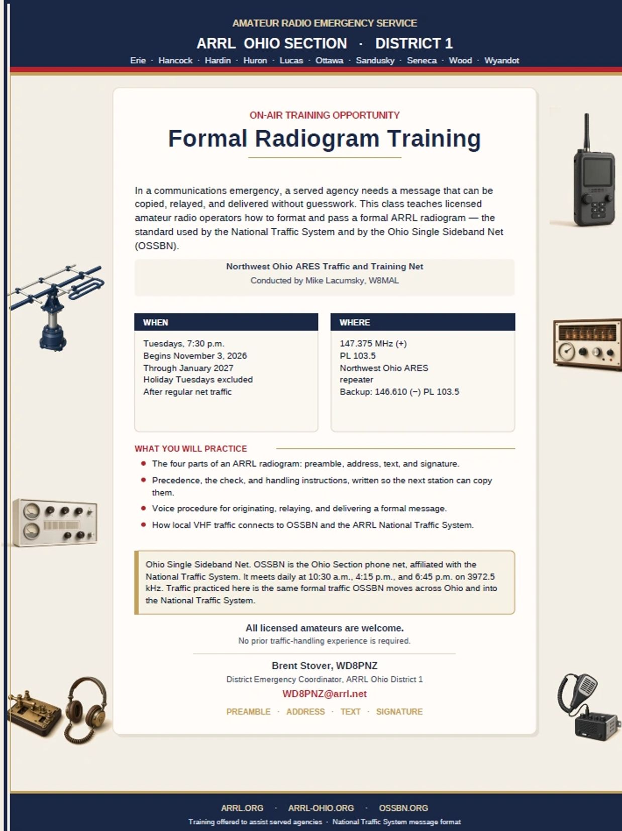 Formal Radiogram Training announcement by ARRL Ohio Section.