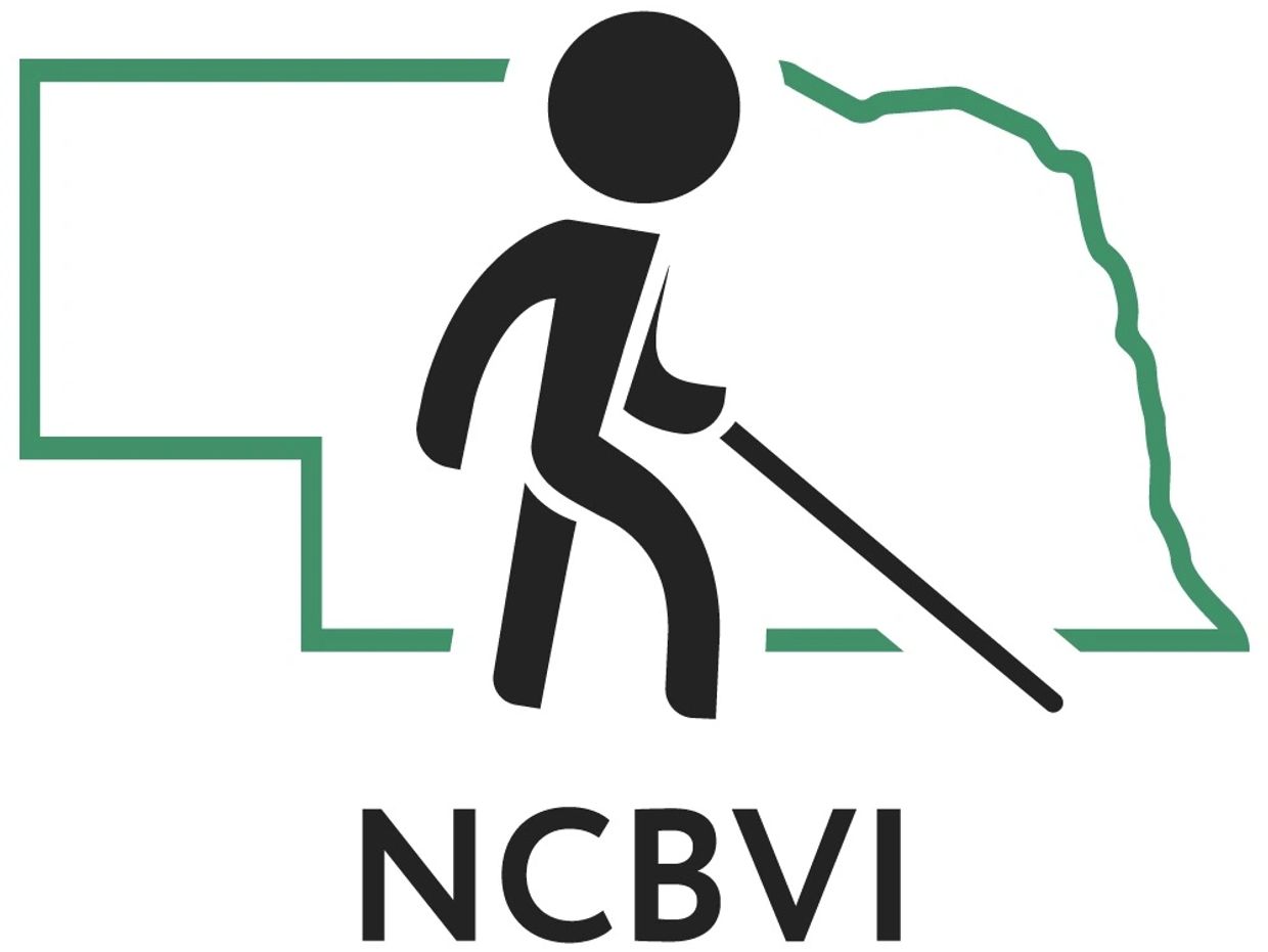 Logo for NCBVI shows outline of State of Nebraska with person who is blind holding a white cane.