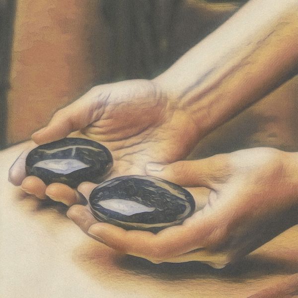 Hands holding two shiny black stones with reflections.