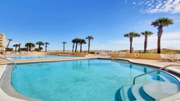 Sunny outdoor swimming pool area with palm trees and clear blue sky.