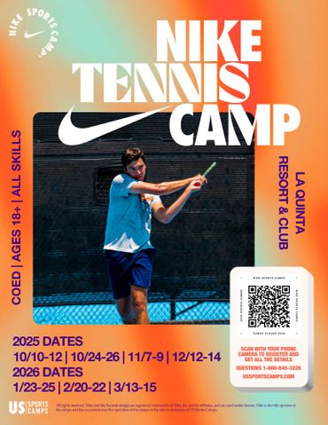 Nike Tennis Camp for adults at La Quinta Resort with multiple 2025 and 2026 dates.