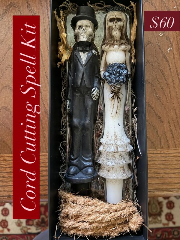 Cord Cutting Spell Kit with skeletal bride and groom candles.