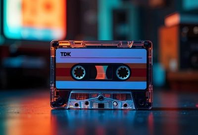 Close-up of a vintage TDK cassette tape on a reflective surface with colorful lighting.