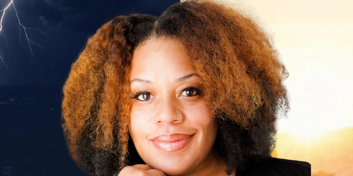 Woman with curly hair smiles against a background split between stormy and sunny skies.