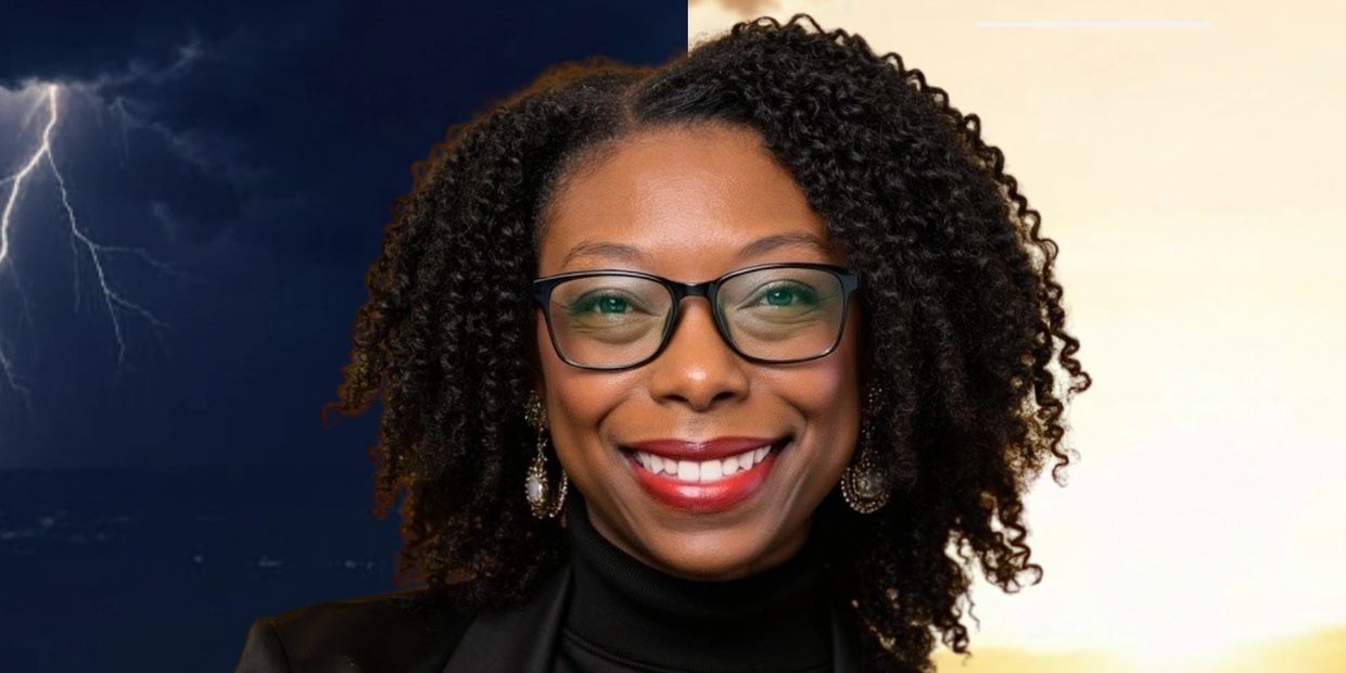 A woman with curly hair and glasses smiles against a stormy and sunny split background.