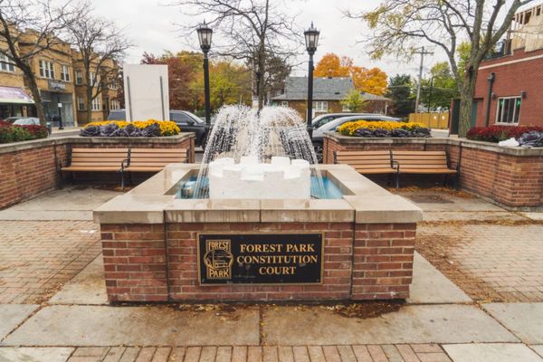Fountain in Forest Park Constitution Court with benches and autumn trees.