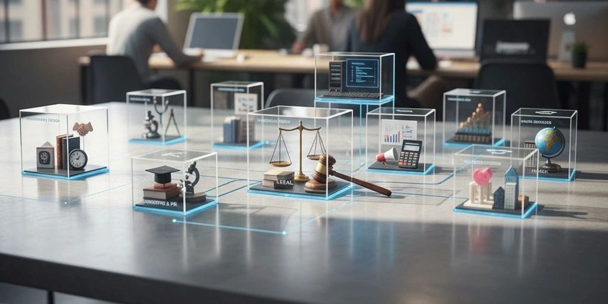 Virtual cubes representing various professional fields and education on a table in an office.