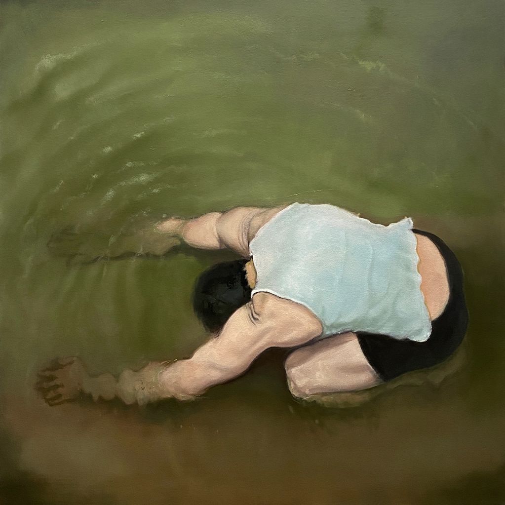 Oil painting of a male figure doing a child's pose in shallow green water.