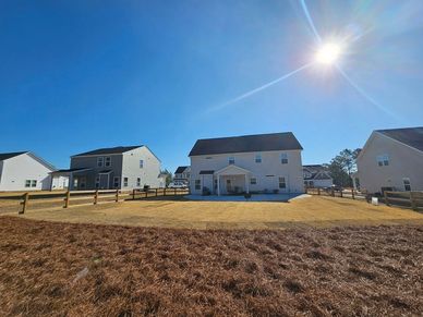 Sunny suburban backyard with fenced yards and multiple houses under a clear blue sky.