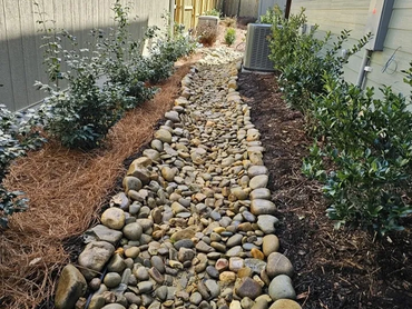 A dry riverbed pathway made of smooth stones between two houses with plants on both sides.