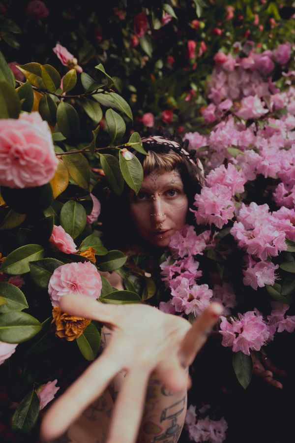 Person with facial piercings reaching out amidst pink flowers and green leaves.