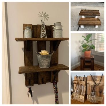 Walnut wall key holder with shelves, small walnut farmhouse step stool and plant stand, Oak sconce