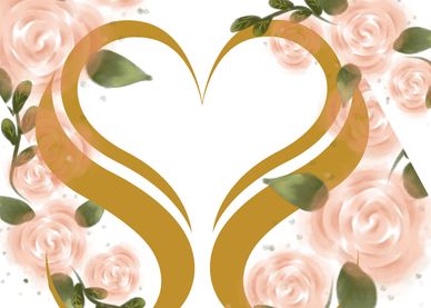 Golden heart shape framed by pink roses and green leaves on white background.