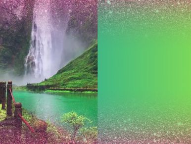 A vibrant waterfall beside a green serene lake with a wooden fence.