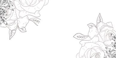 Black and white floral line art with roses in two corners.