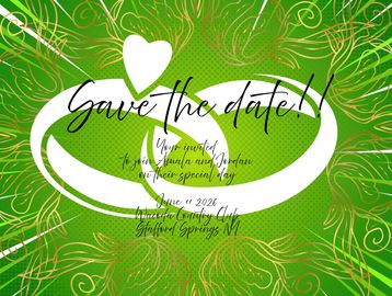 Green and gold wedding save-the-date card with rings and heart design.